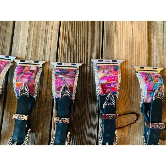 Navajo Pink Dream Mohave, Sterling Silver & Black Leather Smartphone Watch Band - Picture 6 of 8